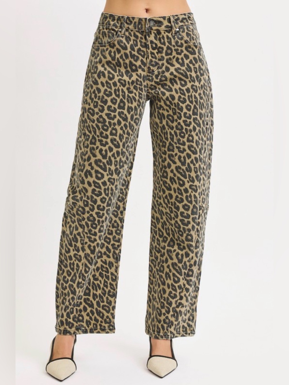 882. Risen Leopard Print Slouchy Barrel Wide-Leg Jeans - coffee NEW - Picture 2 of 3